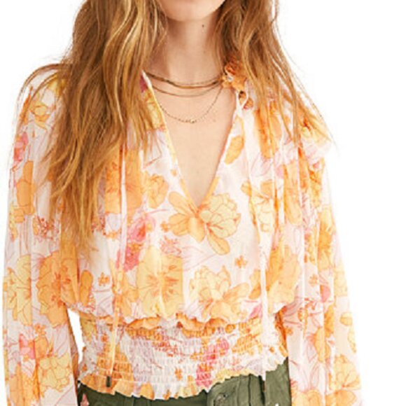 Free People Twilight ruffle long sleeve smocked hem V neck Boho top, sz S - Picture 2 of 9